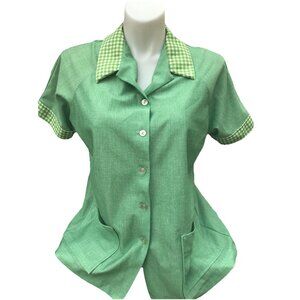 Vtg 70s JCPenney Poly Womens Button Up Short Sleeve Shirt Green Gingham Med Work